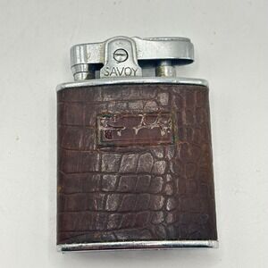 Vintage Savoy Pocket Lighter Brown Faux Crocodile Leather Wrap Made in England